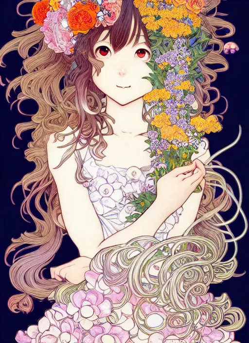 Image similar to exquisite imaginative manga poster of a girl, long wavy hair, flowers, rococo dress, pigeons, shimmering, by kojima ayami, shigenori soejima, minaba hideo, alphonse mucha, jump comics, shogakukan, art nouveau, illustration, artstation, highly detailed, 8 k, fluorescent, maximalist