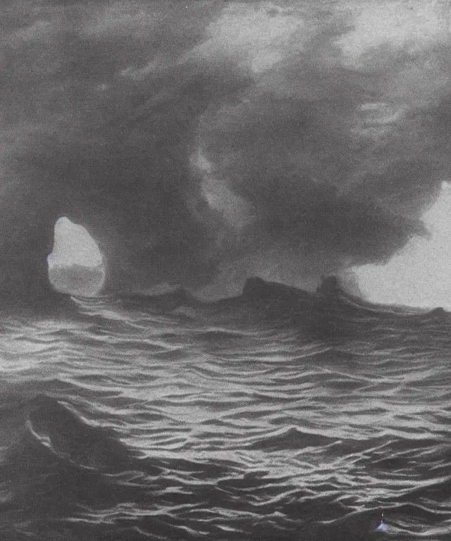 Prompt: photo of a 1 9 2 5 seiner sailing with the jamaican shoreline with the mouth of a sea cave at the waterline, dark, brooding, atmospheric, seascape, lovecraft, horror, smooth, epic, highly detailed, cinematic
