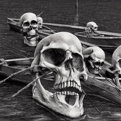 Image similar to close up of skeletons in a boat on a river catching skeleton fish, pencil sketch, realistic shaded, fine details, realistic shaded lighting poster by greg rutkowski