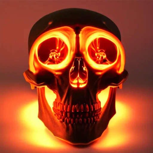 Image similar to real human skull with robotic circular orange light electronic eyes in eye sockets