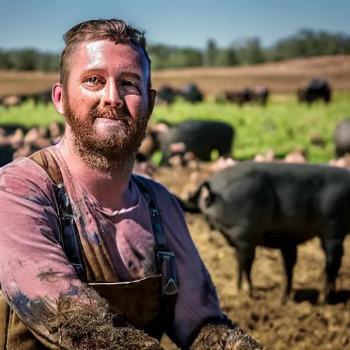 Prompt: a goofy looking redneck man, wearing overalls sitting on a haybail during a hayride holding a wrench, he is dirty and covered in grease, there are a lot of pigs in the background graising.