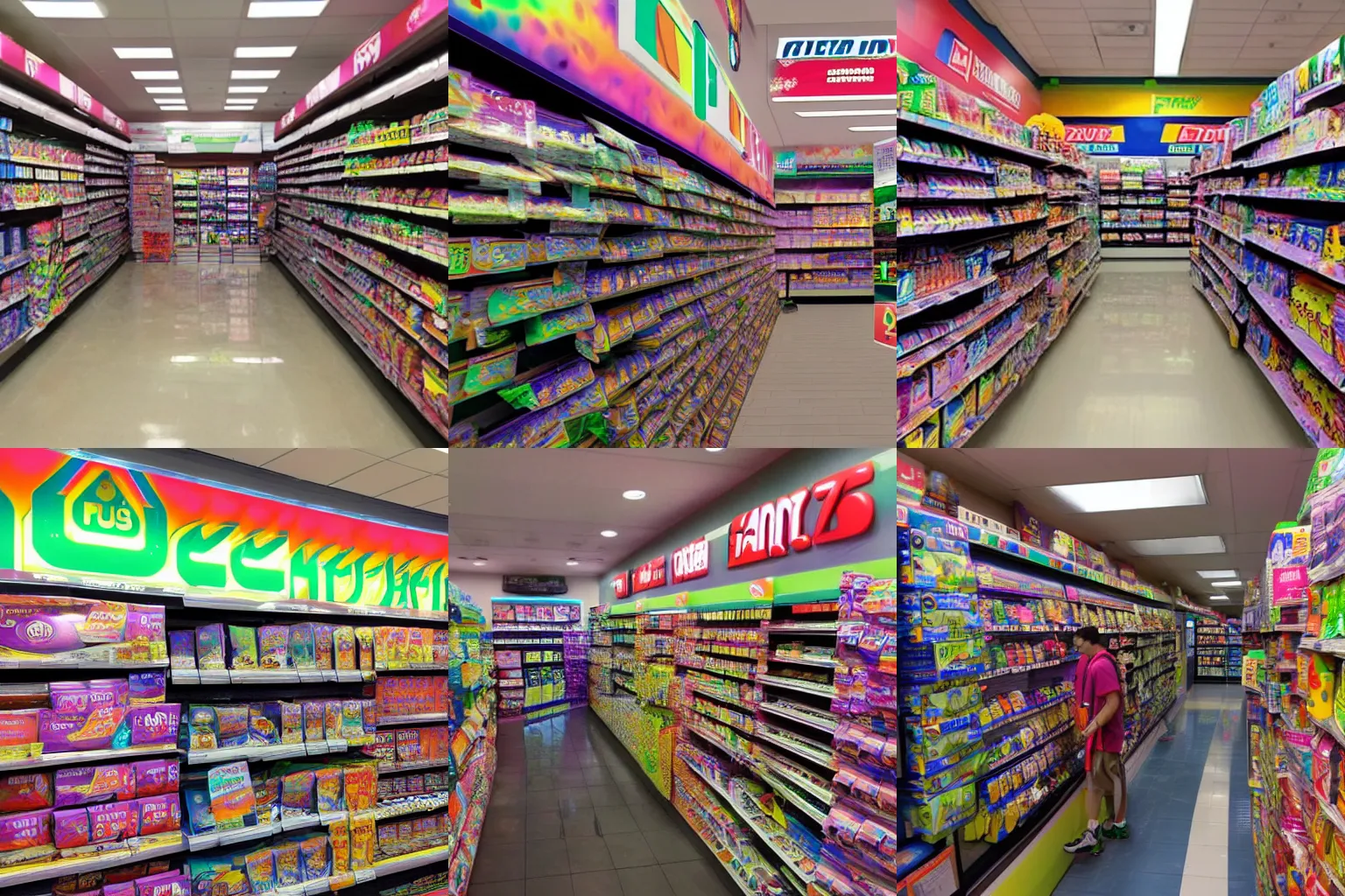 Prompt: walking around 7 eleven conference store trying to buy gum while high on lsd
