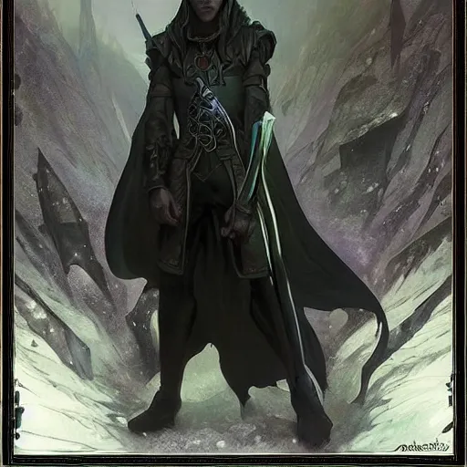 Prompt: stylized D&D wizard character, full body dressed in black clothes, dinamic body pose, mysterious, digital art by Donato Giancola and Greg Rutkowski and Julie Dillon and Alex Ross, atmospheric cinematic lighting, concept art, matte, sharp focus, stunning, beautiful, powerfull illustration, highly detailed award-winning masterpiece with incredible and beautiful details, trending on ArtStation