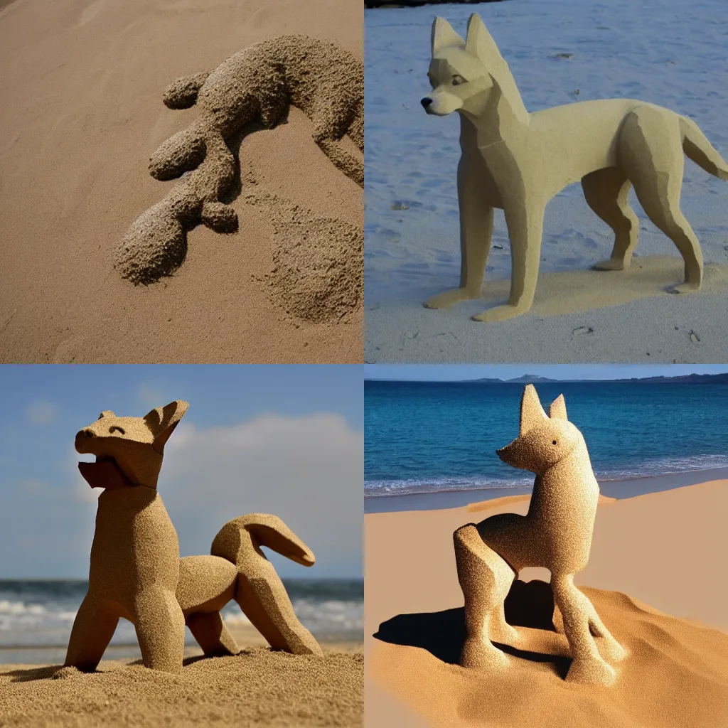 Prompt: dog made out of sand dog made out of sand dog made out of sand on beach dog made out of sand low polygon