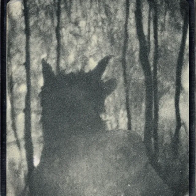 Prompt: a found polaroid photograph of a hideous monster in the woods taken at night, scary, frightening, polaroid horror