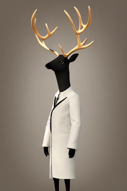 Image similar to Louis the deer wearing a white formal coat conversing with a crow, hyperrealistic, concept art, octane render, trending on DeviantArt, cel shaded, highly detailed, high quality, 8K, soft lighting, cute, natural lighting, anime face, trending on Artstation, trending on e621, elegant clothes, profile picture, path traced, house background