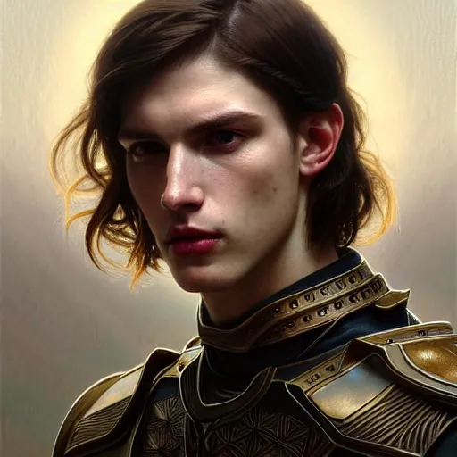 Image similar to portrait painting of a pale serious young man with a soft face and medium brown hair wearing armor, ultra realistic, concept art, intricate details, eerie, highly detailed, pursed lips, melancholy expression, photorealistic, octane render, 8 k, unreal engine. art by artgerm and greg rutkowski and charlie bowater and magali villeneuve and alphonse mucha