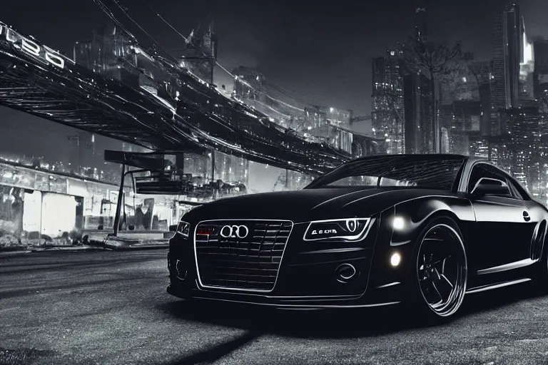 Image similar to widebody all black audi camaro b 8 ( 2 0 1 3 ), need for speed : carbon, at night, sci - fi, neon lines, phonk music background, smoke behind wheels, noise, dark, establishing shot, by simon stalenhag