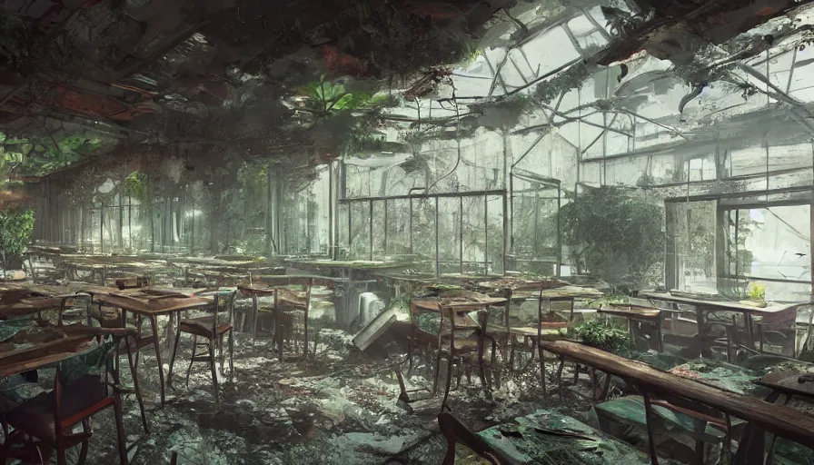 Prompt: Interior of a dusty abandoned restaurant with a bit of vegetation, hyperdetailed, artstation, cgsociety, 8k