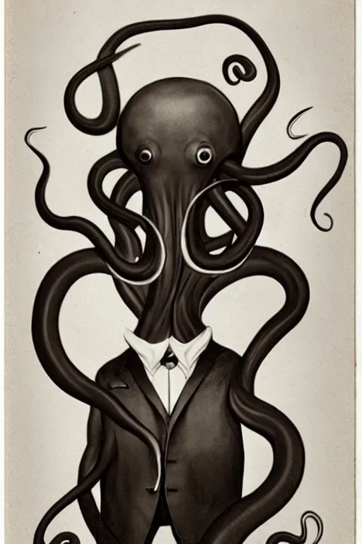 Image similar to anthropomorphic octopus , wearing a suit, tentacles spilling out of the collar, vintage photograph, sepia