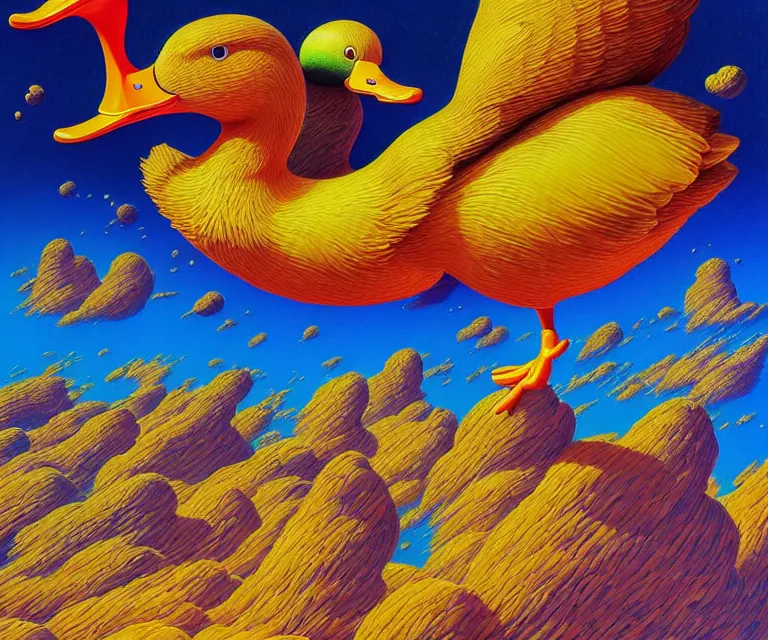 Image similar to hyper detailed 3d render like a Oil painting - a cartoon duck launching itself far above the earth into deep space, by Jacek Yerka, Mariusz Lewandowski, Houdini algorithmic generative render, Abstract brush strokes, Masterpiece, Edward Hopper and James Gilleard, Zdzislaw Beksinski, Mark Ryden, Wolfgang Lettl, hints of Yayoi Kasuma, octane render, 8k