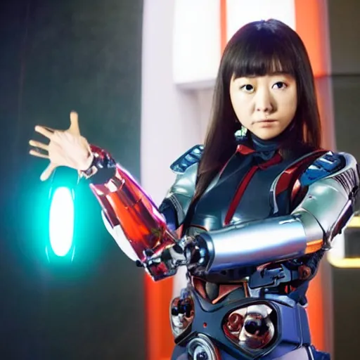 Prompt: still from a 2 0 1 9 japanese tokusatsu tv show starring actress suzu yamanouchi as a cybernetic female sentai hero. science - fiction ; action.