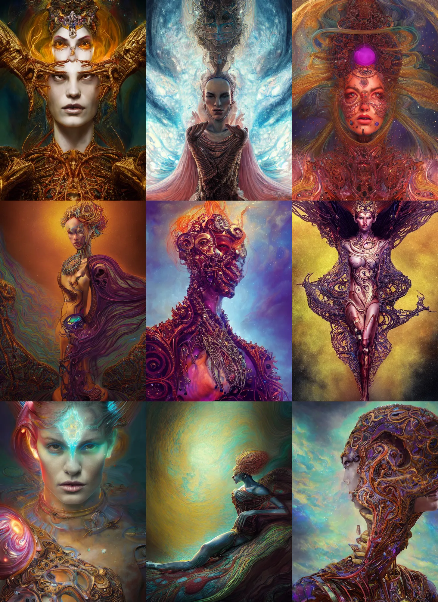 Prompt: vivid hyperdetailed portrait of menacing, anxious, agitated yet stunningly beautiful biomechanical djinn the unwilling god of creation overseeing the iridescent fabric of the universe, by charlie bowater, mandy jurgens, WLOP, gustav klimt, octane render, dramatic camera angle, 4k, 8k, high detail, HDR, by tom bagshaw, powerful, with inspiration from Beksinski, inspired by greek goddess Athena