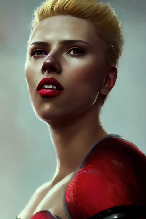 Image similar to a fancy portrait of a Scarlett Johansson deadpool by Greg Rutkowski, Sung Choi, Mitchell Mohrhauser, Maciej Kuciara, Johnson Ting, Maxim Verehin, Peter Konig, final fantasy , mythical, 8k photorealistic, cinematic lighting, HD, high details, atmospheric,