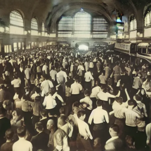 Image similar to colorized photo of water - balloon fight in grand central station 1 9 2 3