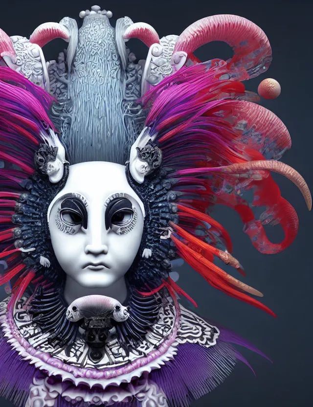 Image similar to 3 d goddess close - up profile simple portrait punk with mohawk with ram skull. beautiful intricately detailed japanese crow kitsune mask and clasical japanese kimono. betta fish, jellyfish phoenix, bio luminescent, plasma, ice, water, wind, creature, artwork by tooth wu and wlop and beeple and greg rutkowski