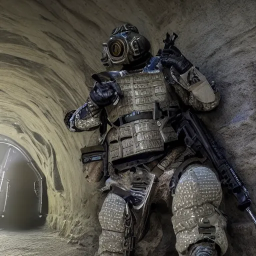 Image similar to photo, an ultra - tactical combat army schnauzer in futuristic battle armor with bandoliers and ammo pouches and boots and goggles, inside a rocky alien tunnel, volumetric lighting, ultradetailed