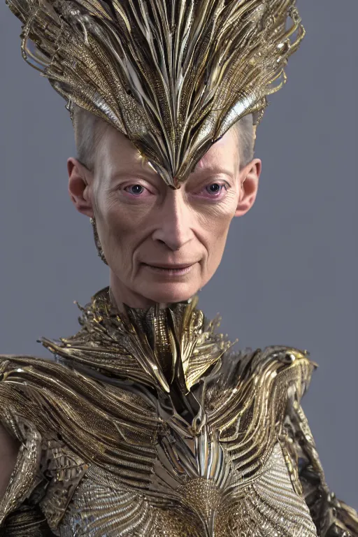 Image similar to a highly detailed 4 k render portrait of an alien goddess tilda swinton in iris van herpen dress schiaparelli armor in diamonds and lots of jewelry in style of alphonse mucha trending on artstation made in unreal engine 4