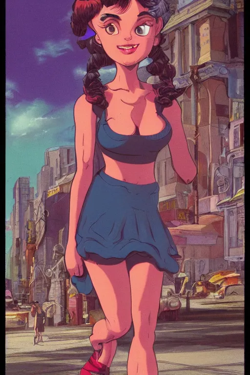 Image similar to portrait of an attractive young female protagonist, center focus, ponytail, skirt, tank - top, in city street, detailed face, artwork by ralph bakshi