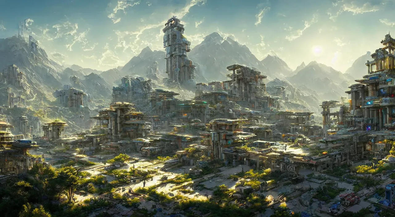 Prompt: futuristic cyberpunk city under kashmir mountains, hill valley grec greeble temple of olympus glory island little wood bridge painting of tower ivy plant in marble late afternoon light, wispy clouds in a blue sky, by frank lloyd wright and greg rutkowski and ruan jia