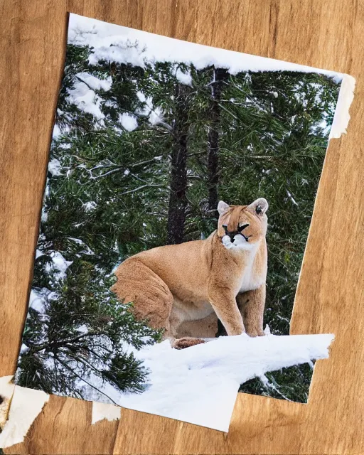 Image similar to ripped up apostcard showing 'a cougar sleeping in the middle of snowy pine tree' laying on coffee table, zoomed out shot, HD, iphone capture