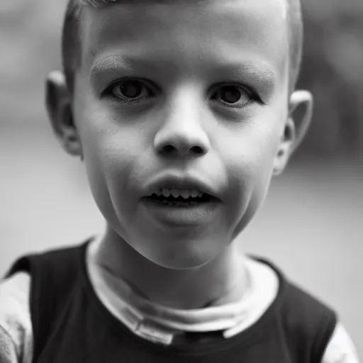 Image similar to the face of punk rock alien boy at 5 years old wearing balenciaga clothing, black and white portrait by julia cameron, chiaroscuro lighting, shallow depth of field, 8 0 mm, f 1. 8