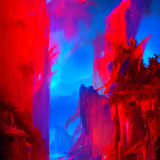 Image similar to dragon red & blue in a rain forest, dramatic lighting, uhd 4 k, artstation, hdr, award - winning, trending