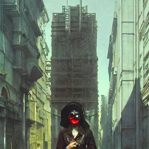Image similar to portrait of masked cyberpunk scientist on the art deco streets of the Empire city, award-winning realistic sci-fi concept art by Beksinski, Bruegel, Greg Rutkowski, Alphonse Mucha, and Yoshitaka Amano