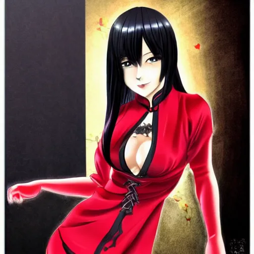 Image similar to a beautiful anime woman with long black hair, wearing a red cheongsam, full body art by Steve Argyle