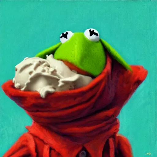 Prompt: kermit eating ice cream, photorealistic