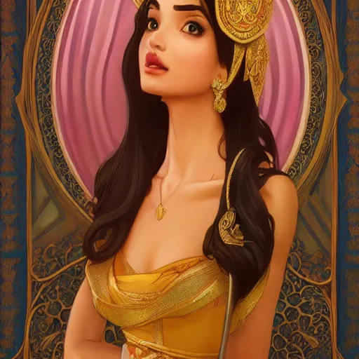 Image similar to beautiful princess jasmine, disney, palace background, intricate, elegant. highly detailed, digital painting, artstation, concept art, smooth, sharp, focus, illustration. art by artgerm and greg rutkowski and alphonse mucha