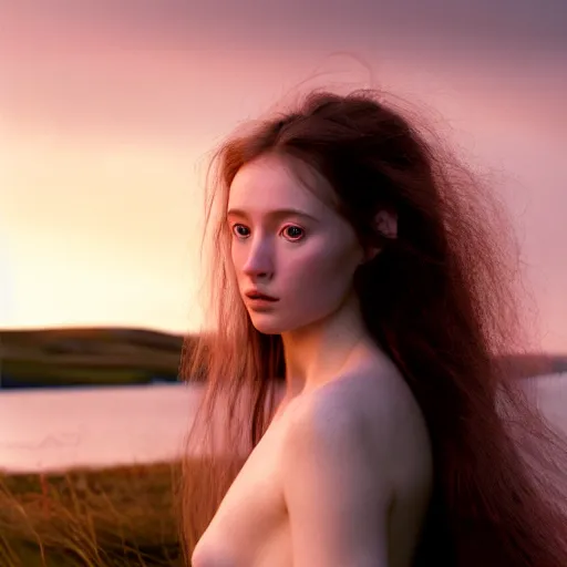 Prompt: photographic portrait of a stunningly beautiful ethereal shetland renaissance female in soft dreamy light at sunset, beside the river, soft focus, contemporary fashion shoot, hasselblad nikon, in a denis villeneuve and tim burton movie, by edward robert hughes, annie leibovitz and steve mccurry, david lazar, jimmy nelsson, extremely detailed, breathtaking, hyperrealistic, perfect face