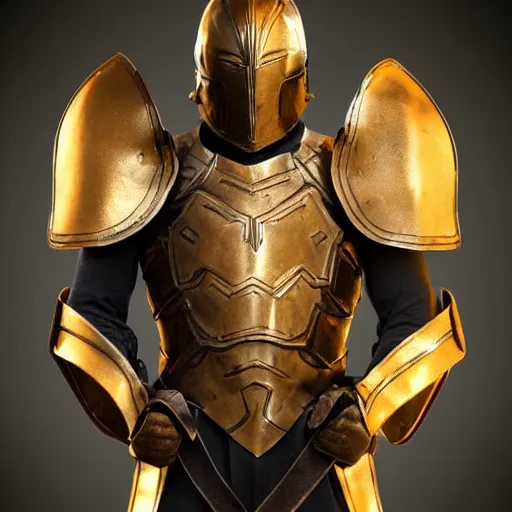 Image similar to spartan armor concept made of steel and leather with golden details and LED lights, concept art, armor