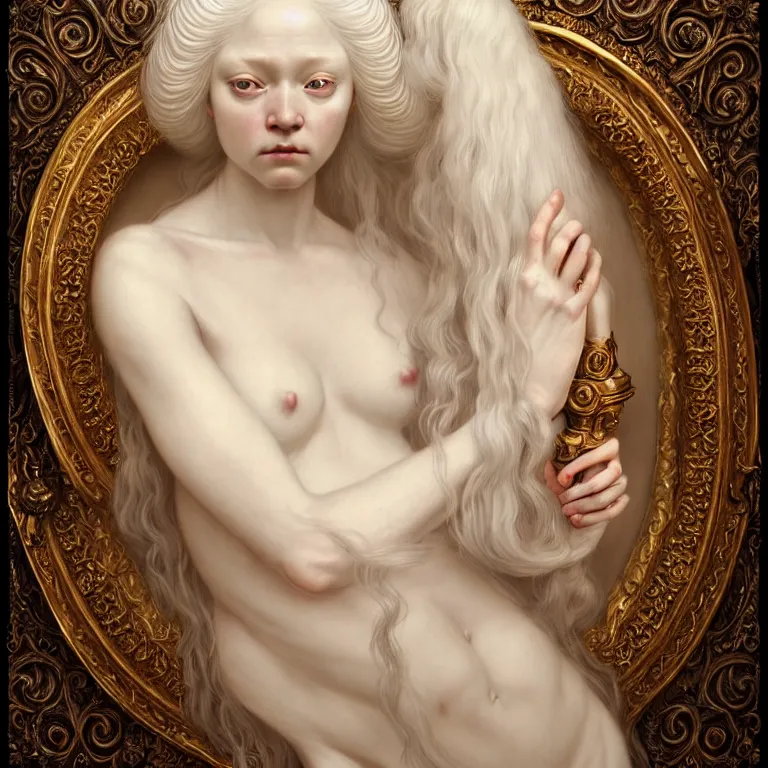 Image similar to renaissance style a wonderful woman albino goddess with a wonderful face and realistic body with long intricate hair with a beautiful porcelain symmetrical body dressed with a majestic warp ornate semi transparent cream long cotton dress, hightly ornate, intricate, detailed, dramatic light, cinematic, award winning, octane render, tom bagshaw style