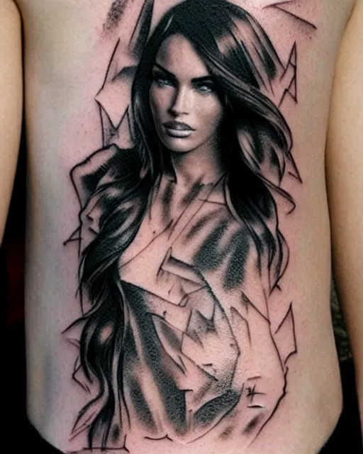 Image similar to creative double exposure effect tattoo design sketch of megan fox faded in beautiful mountain scenery, realism tattoo, in the style of matteo pasqualin, amazing detail, sharp