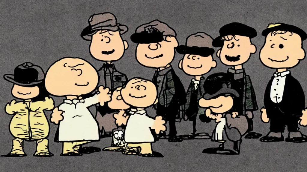 Image similar to peanuts dressed like the peaky blinders