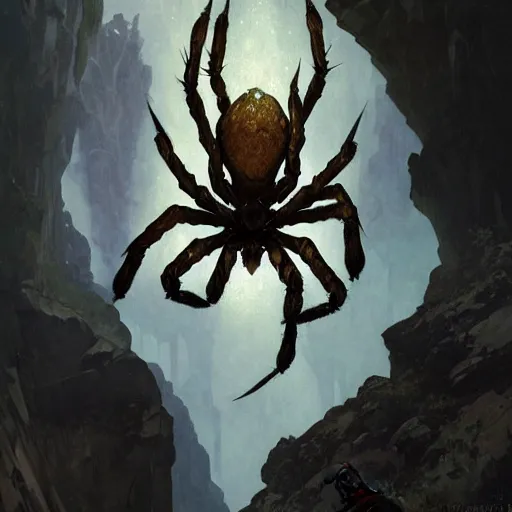 Prompt: A gigantic spider in a rocky cave, fantasy art by greg rutkowski and alphonse mucha, highly detailed, digital painting, matte painting, concept art, illustration, oppressive lighting, trending on artstation, very detailed