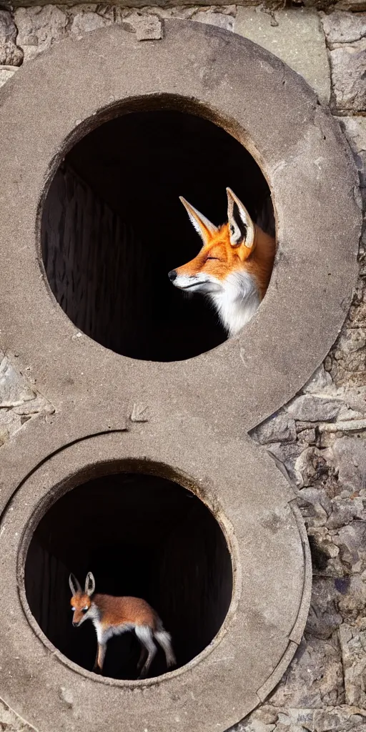 Image similar to a fox is hidden inside a manhole trying to jump out meanwhile a curious goat is looking at him from the exterior, 4k photography flash