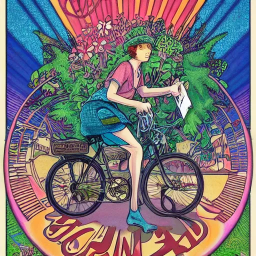 Prompt: hoffman bicycle trip, blotter art, in the style of robert crumb and lisa frank, studio ghibli, mucha, art nuevo, art deco, beautiful nature, serenity, cartoon, realistic, photograph, trending on artstation, vivid, surreal, beautiful, loving athmosphere