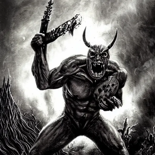 Prompt: big demon with a battle - axe roaring at the screen, heavy metal album cover, demonic, creepy, iron maiden, horror, brutal