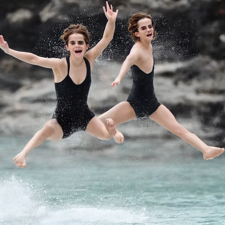 Prompt: emma watson jumping on water