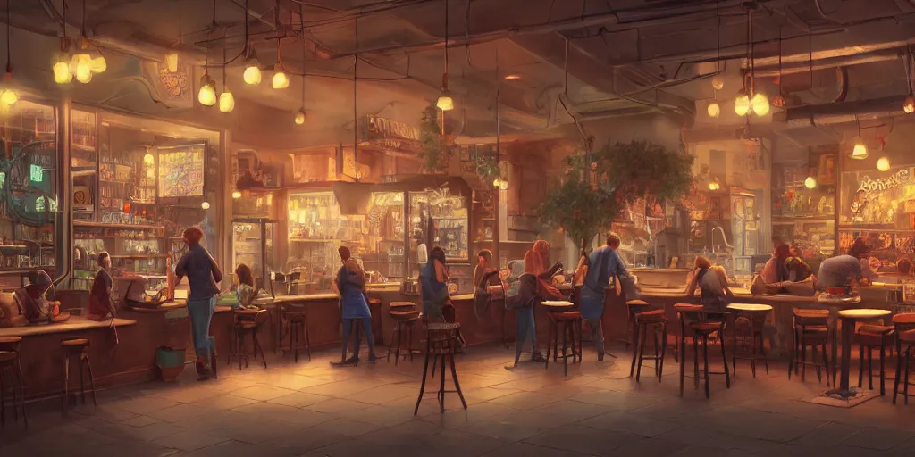 Prompt: an intricate concept art illustration of a coffee shop, no people, cinematic light, colorful, octane render by ivan talavera and artgerm and thomas kinkade 8 k