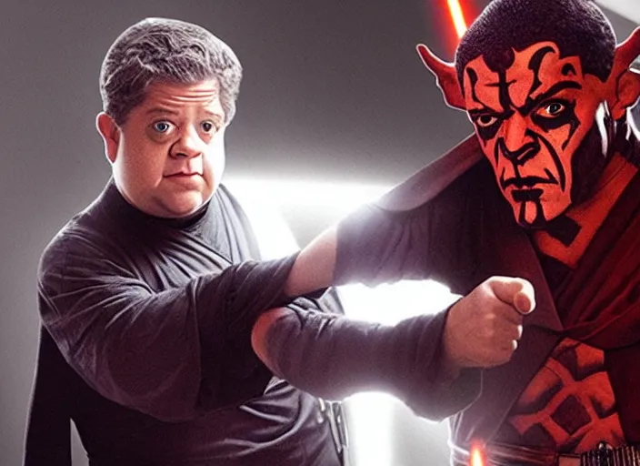 Image similar to Patton Oswalt as a Jedi fighting Darth Maul