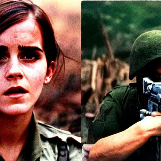 Image similar to film still, extreme far view, emma watson vietnam door gunner, film still from apocalypse now ( 1 9 7 9 ), 2 6 mm, kodak ektachrome, blue tint expired film,