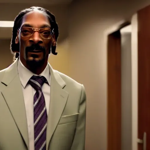 Image similar to a movie still of snoop dogg as michael scott from the office, dynamic lighting, smiling, 8 k, wearing a suit and tie, 2 0 2 2 picture of the year