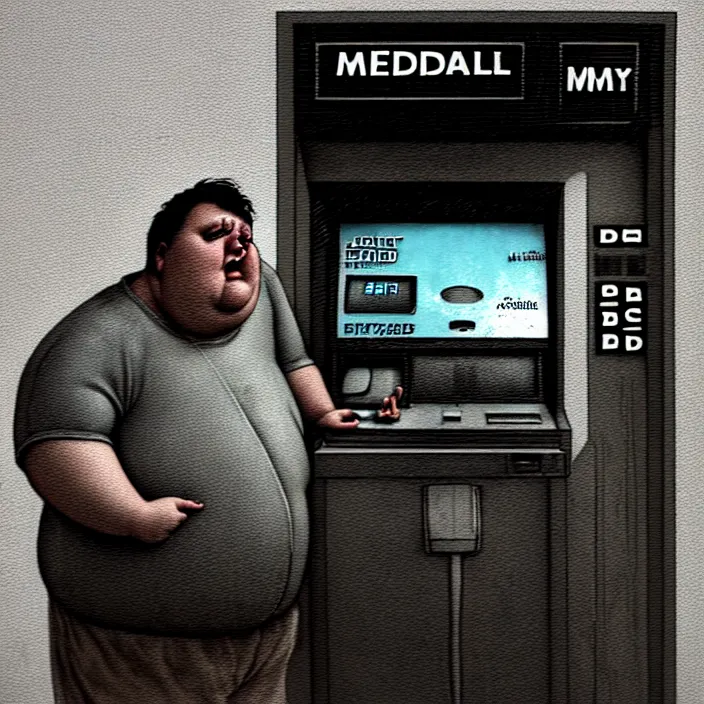 Image similar to hyperrealistic mixed media portrait of a mordidly obese man using an ATM machine, despair, depressing and hopeless vibe, stunning 3d render inspired art by P. Craig Russell and Barry Windsor-Smith + perfect facial symmetry + dim volumetric lighting, 8k octane beautifully detailed render, post-processing, extremely hyperdetailed, epic composition, grim yet sparkling atmosphere, cinematic lighting + masterpiece, trending on artstation