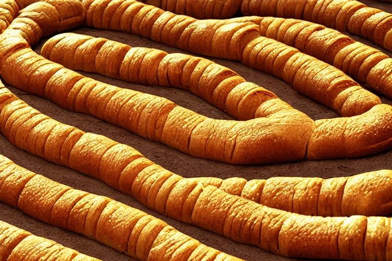 Image similar to centipede made of bread ultrarealism