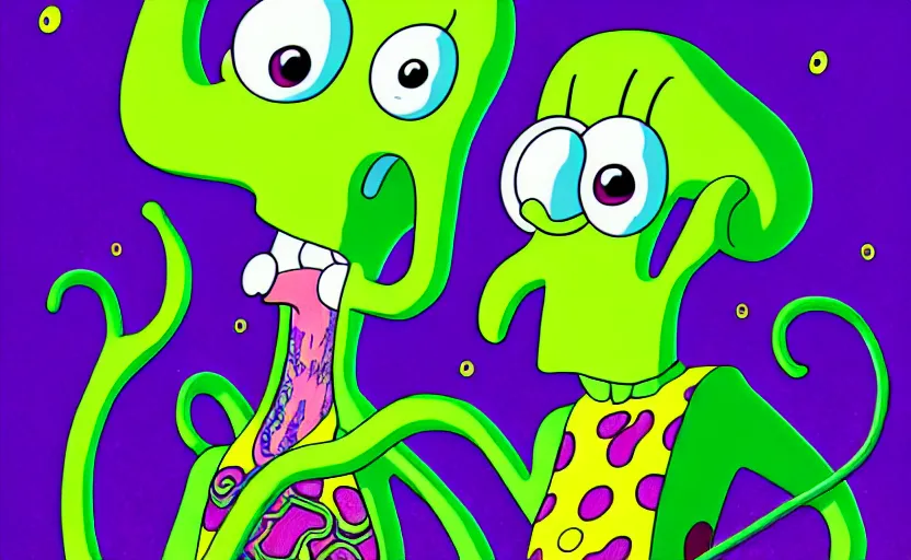 Image similar to squidward taking an acid trip, digital painting, intricate detail, highly detailed, trending on artstation, spongebob squarepants