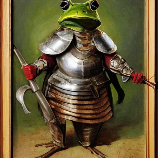Image similar to frog wearing knight armor, painting