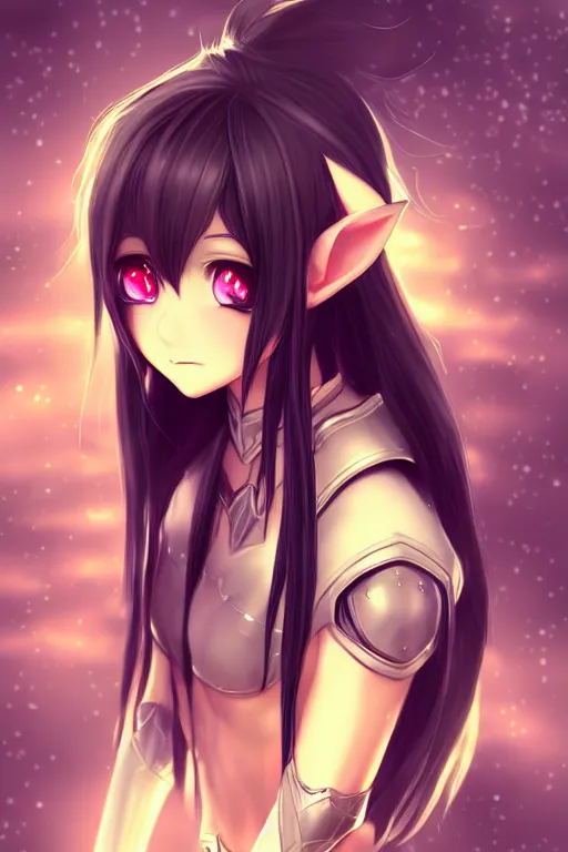 Image similar to adorable young cute anime elf girl, long black hair, fantasy armor. symmetrical face. symmetrical detailed defined eyes. beautiful lineart. bokeh pixiv # 1 ranking depth focus, chromatic aberration, noise, soft lighting, srgb, 4 k, cinematic